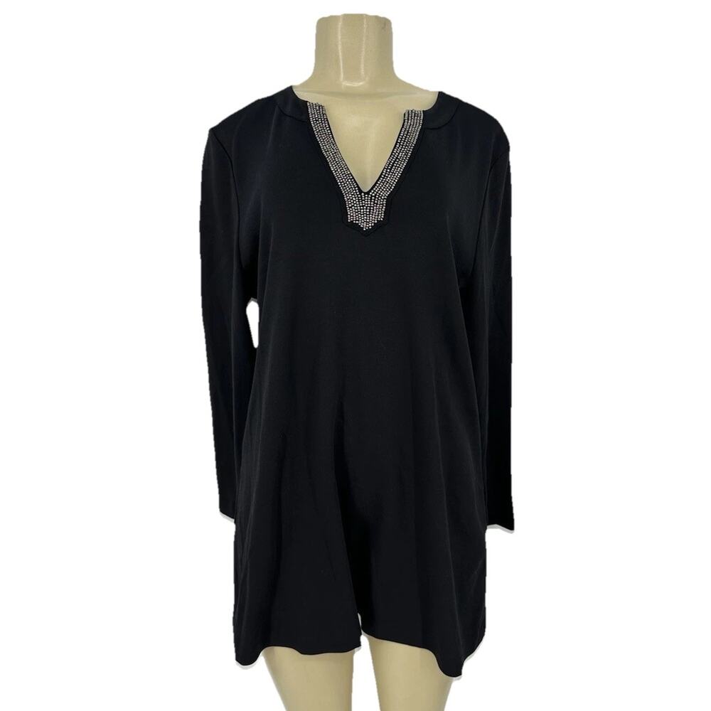 Chico’s Large Women Pullover Beaded V-neck Tunic Top Long Sleeve KL5